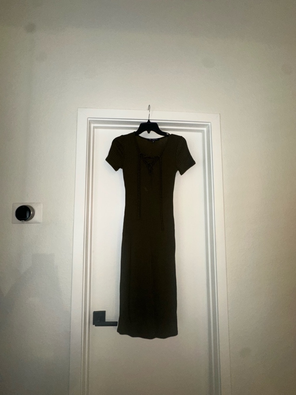 Slim Ribbed Olive Midi Dress with Lace-Up Neck